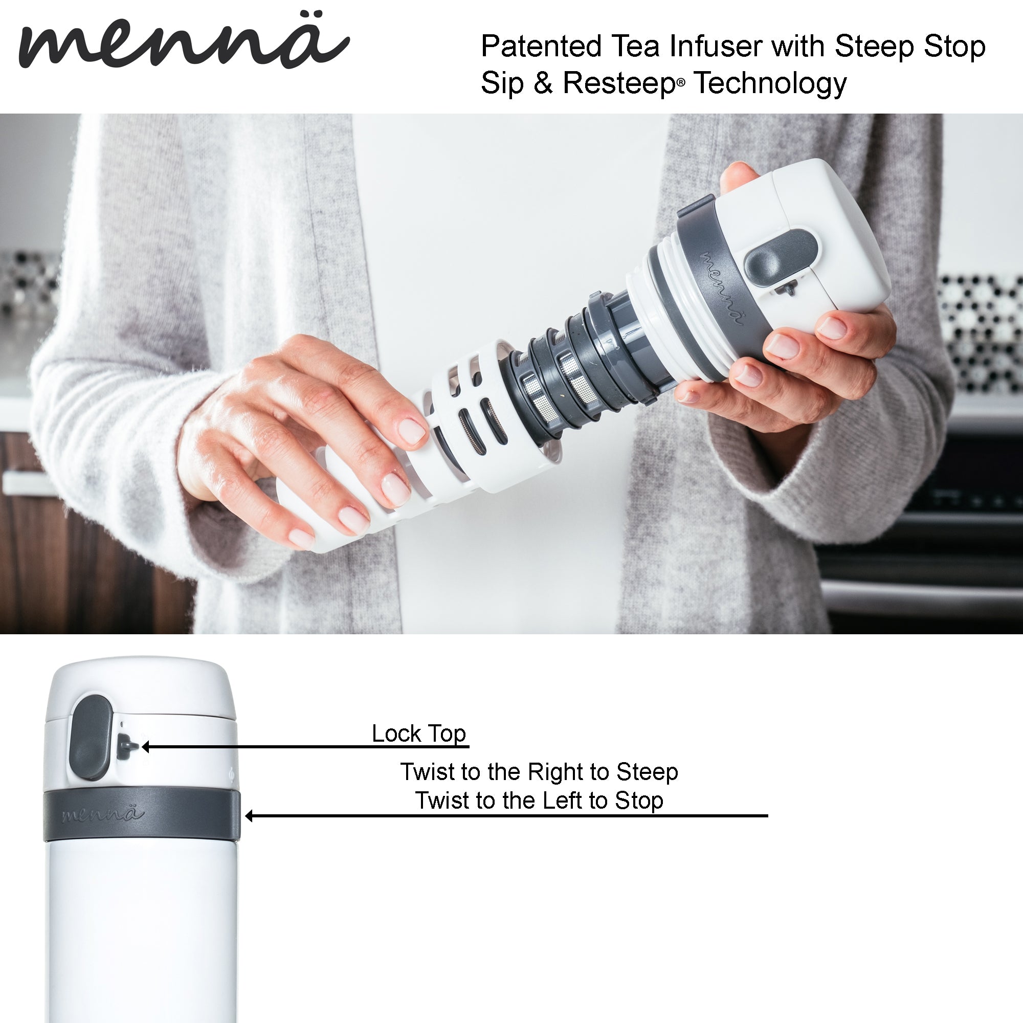Mennä One, Start & Stop Steeping Infuser Lock Top Travel Mug, 12 oz